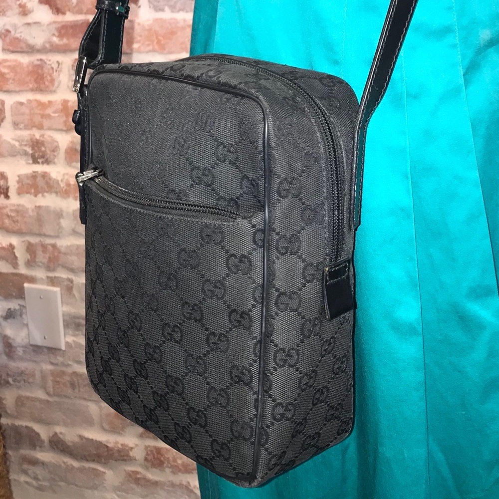 GUCCI Black GG Web Canvas Messenger Crossbody Bag